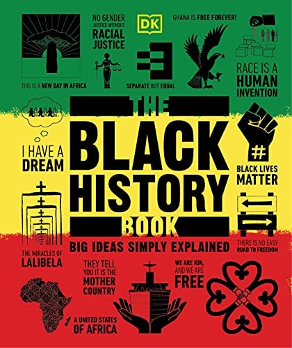 Book cover of 'The Black History Book' with various black and white graphics on a green, yellow, and red background.