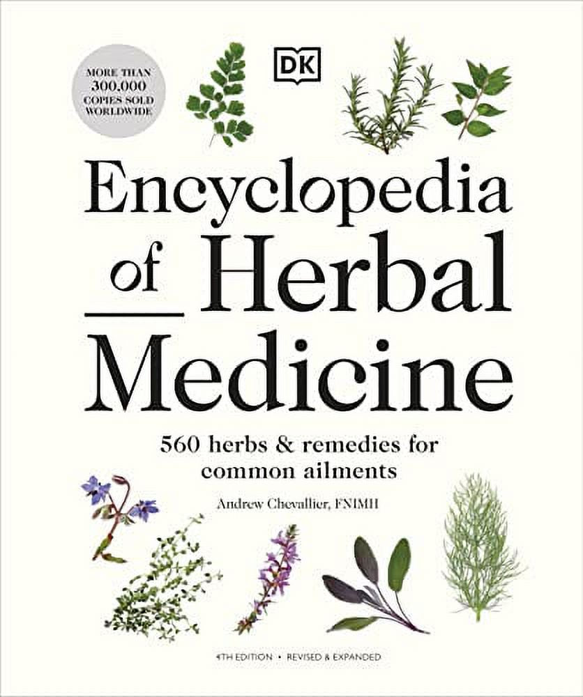 Cover of the book 'Encyclopedia of Herbal Medicine' showing a title and a list of herbs with corresponding illustrations.