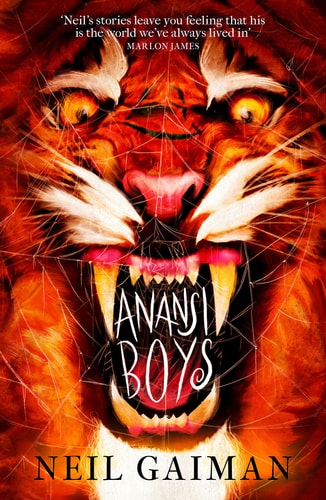 Book cover of 'Anansi Boys' by Neil Gaiman featuring a tiger with glowing eyes.