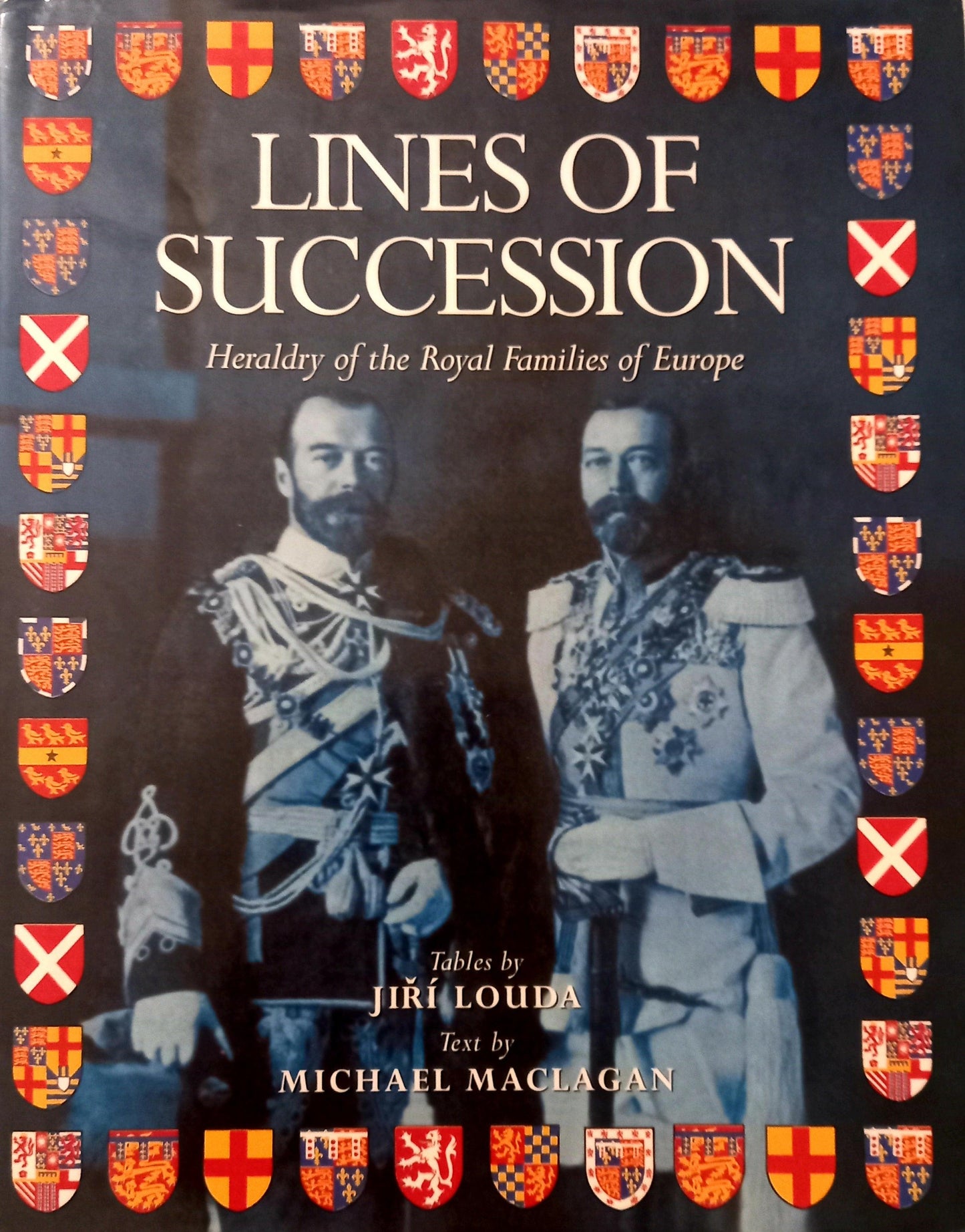 Book cover of 'Lines of Succession' with two men in formal attire and heraldic designs.