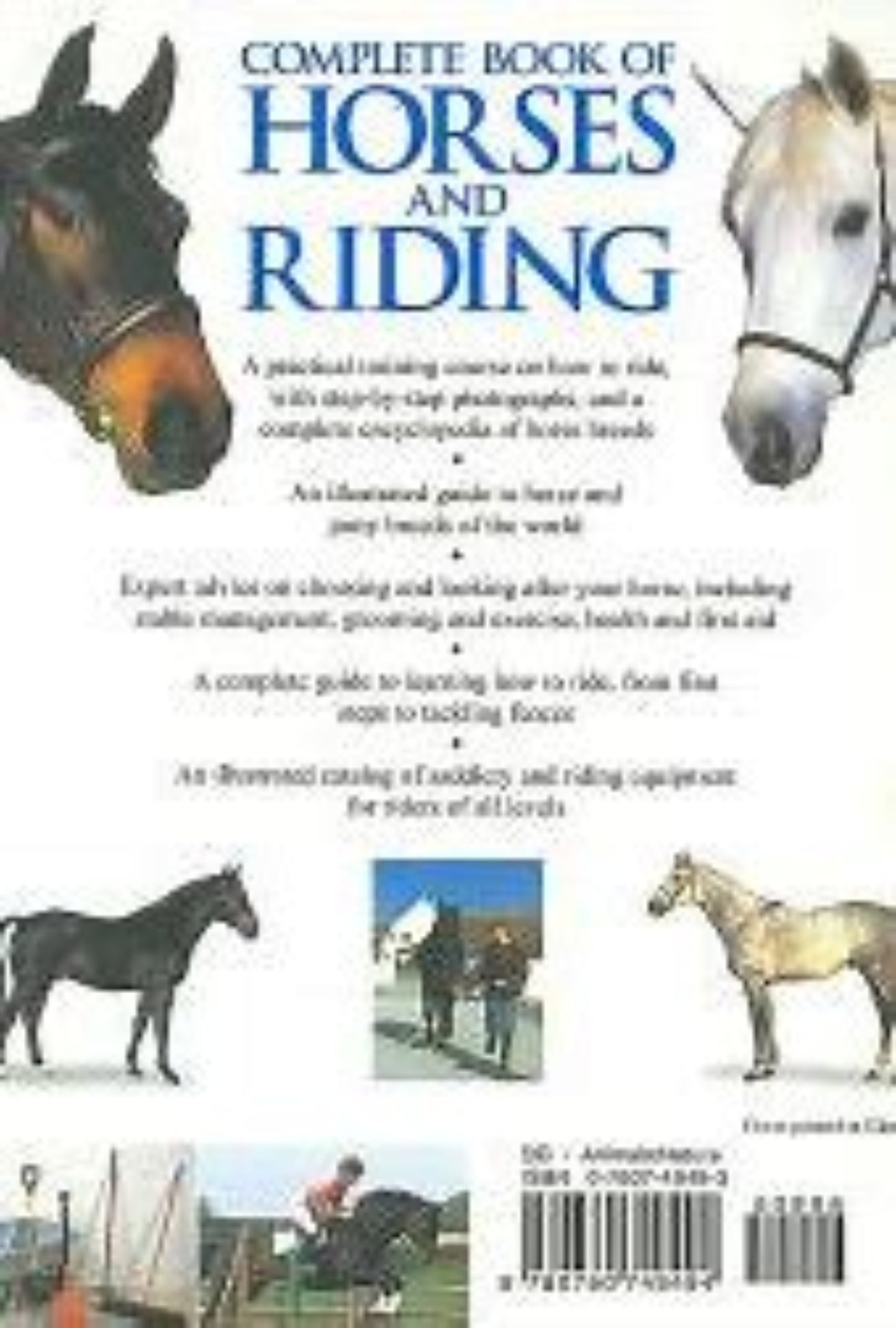 Book back cover of book "Complete Book of Horses and Riding" with scannable barcode and description synopsis.