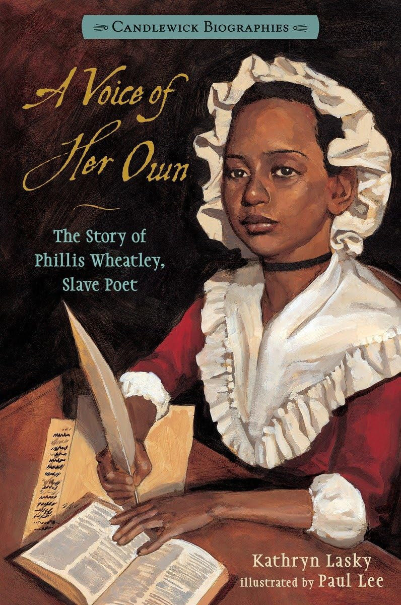 Book cover of 'A Voice of Her Own: The Story of Phillis Wheatley, Slave Poet' with a portrait of Phillis Wheatley.