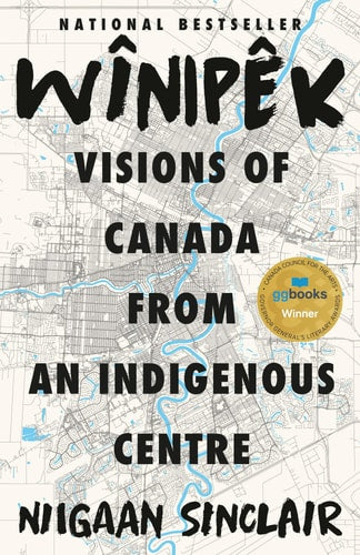 Book cover of 'Winipek: Visions of Canada from an Indigenous Centre' by Niigaan Sinclair with a map background.