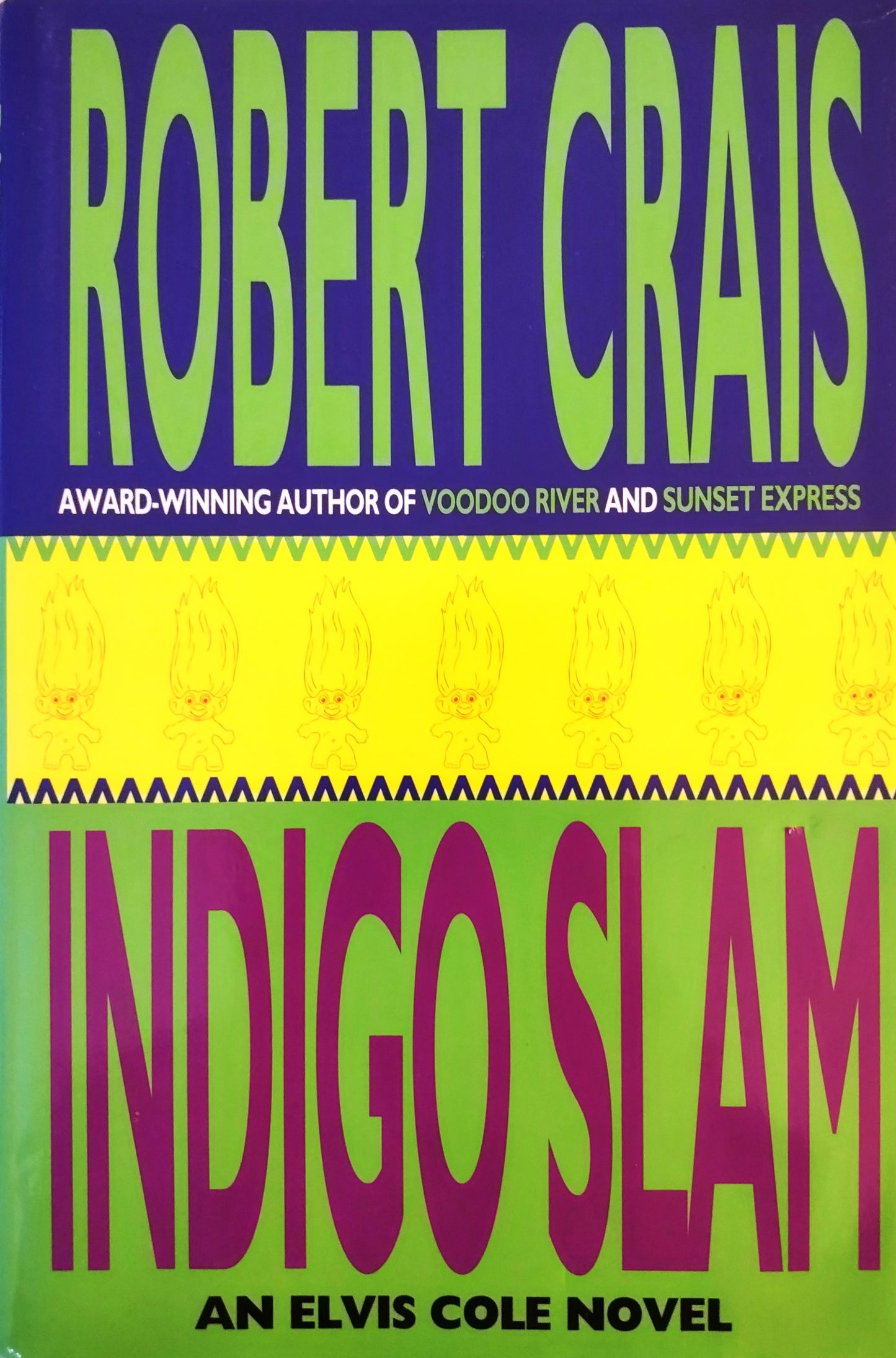 Book cover of 'Indigo Slam: An Elvis Cole Novel' by Robert Crais with colorful text on a purple background