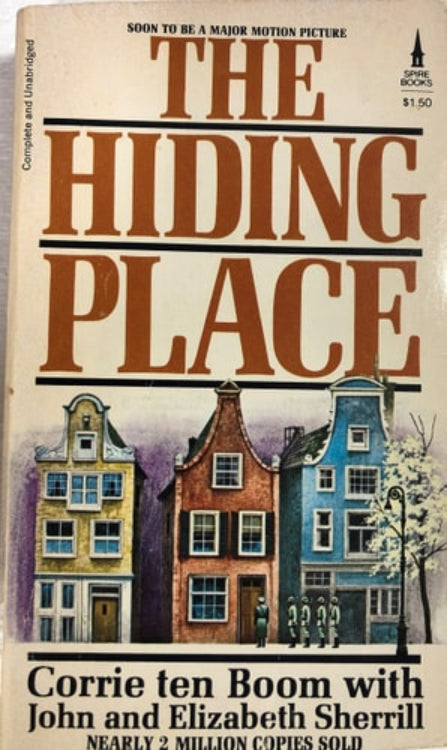 Cover of the book 'The Hiding Place' featuring illustrations of European buildings.