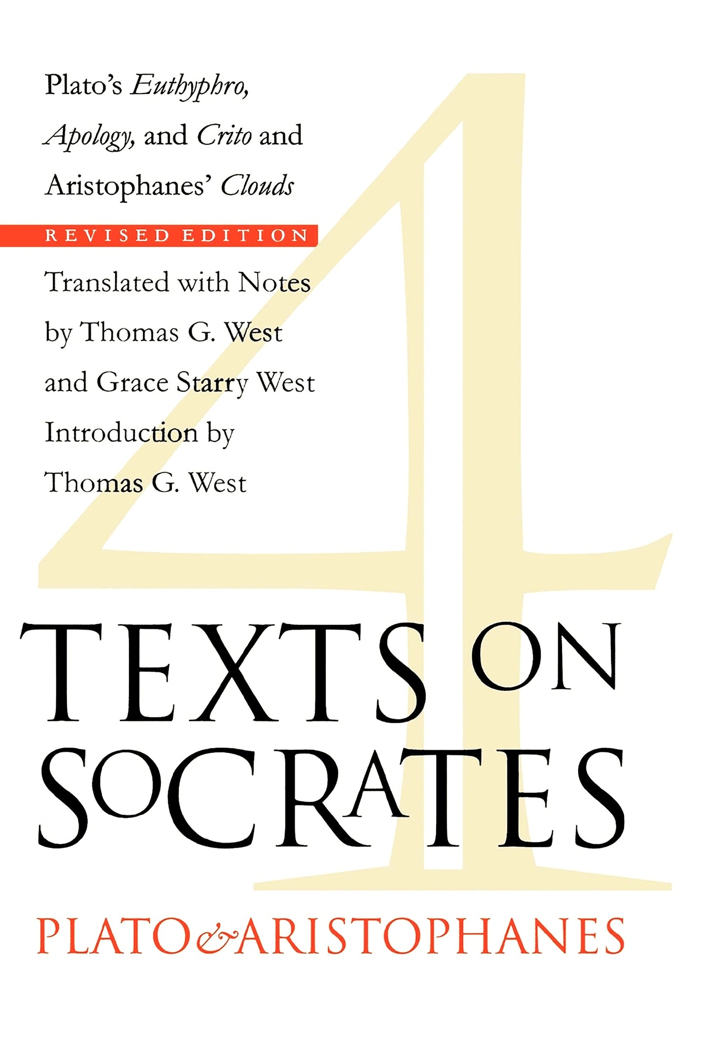 Cover of the book 'Four Texts on Socrates: Plato's Euthyphro, Apology, and Crito, and Aristophanes' Clouds' showing the title and author's names.