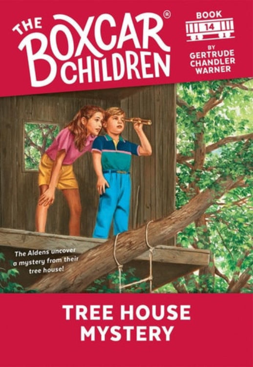 Cover of 'Tree House Mystery' showing two children and a tree house with the text 'The Aldens uncover a mystery in this new tree house!'.