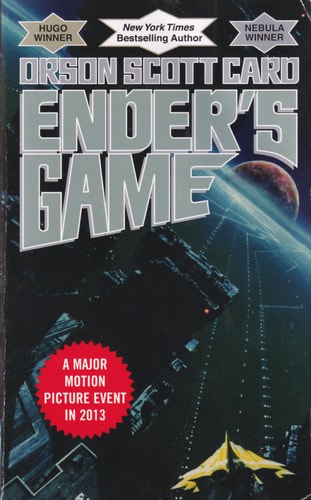 Book cover of 'Ender's Game' by Orson Scott Card with space-themed artwork and accolades.