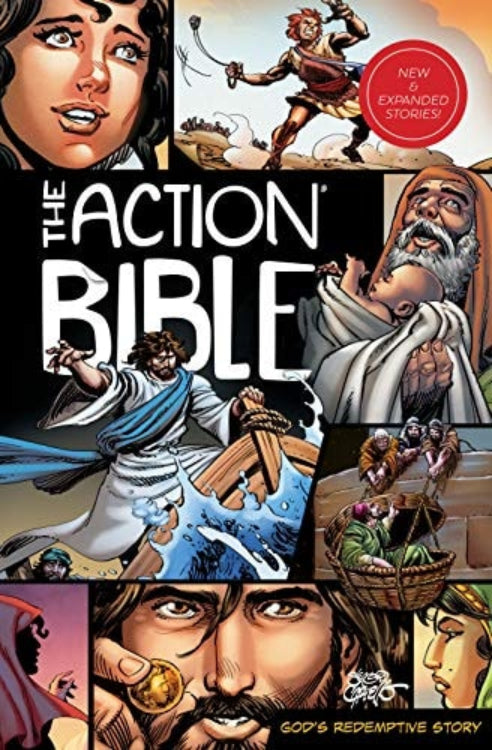 Collage of comic book-style illustrations from 'The Action Bible' with characters and scenes.