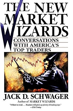 The cover of 'The New Market Wizards' by Jack D. Schwager, featuring a graphic of a trader with a background of a stock market chart.
