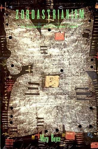 Book cover for 'Zoroastrianism: The Religion and Rituals of Ancient Persia' by Mary Boyce, featuring an abstract metallic silver and black textured design with green title text and small red accents.