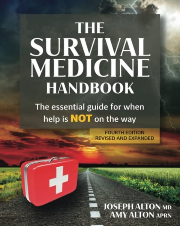 Cover of 'The Survival Medicine Handbook' featuring an image of a red first aid kit on a road with a dramatic sky in the background.