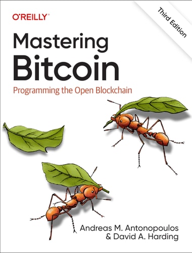 Book cover of 'Mastering Bitcoin: Third Edition' with ants carrying leaves on a white background