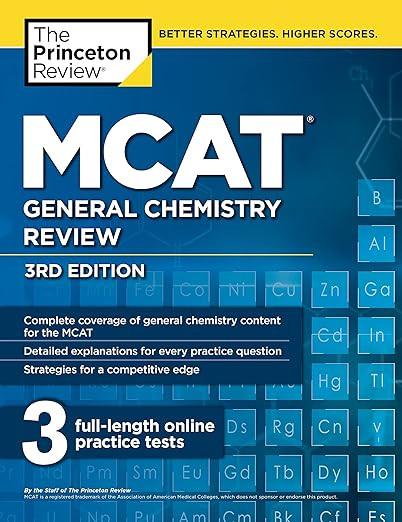 Book cover of 'MCAT General Chemistry Review' by The Princeton Review with chemical elements on a blue background.