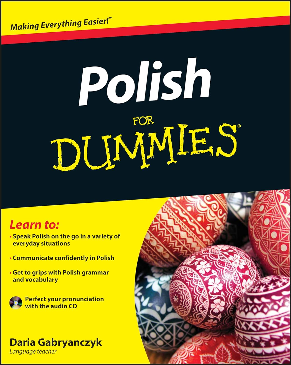 Book cover of 'Polish For Dummies' with decorative eggs on a black background