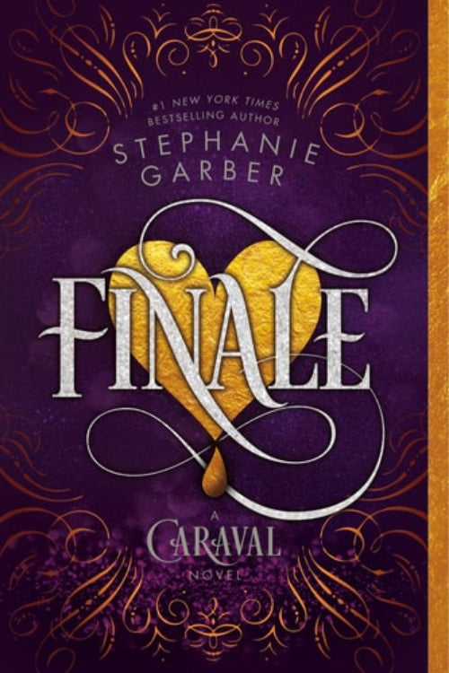 Book front cover of 'Finale: Caraval, Book-3 (ISBN: 9781250157683)' by Stephanie Garber, featuring intricate designs and the title text in an ornate font, with gold elements on a purple background.