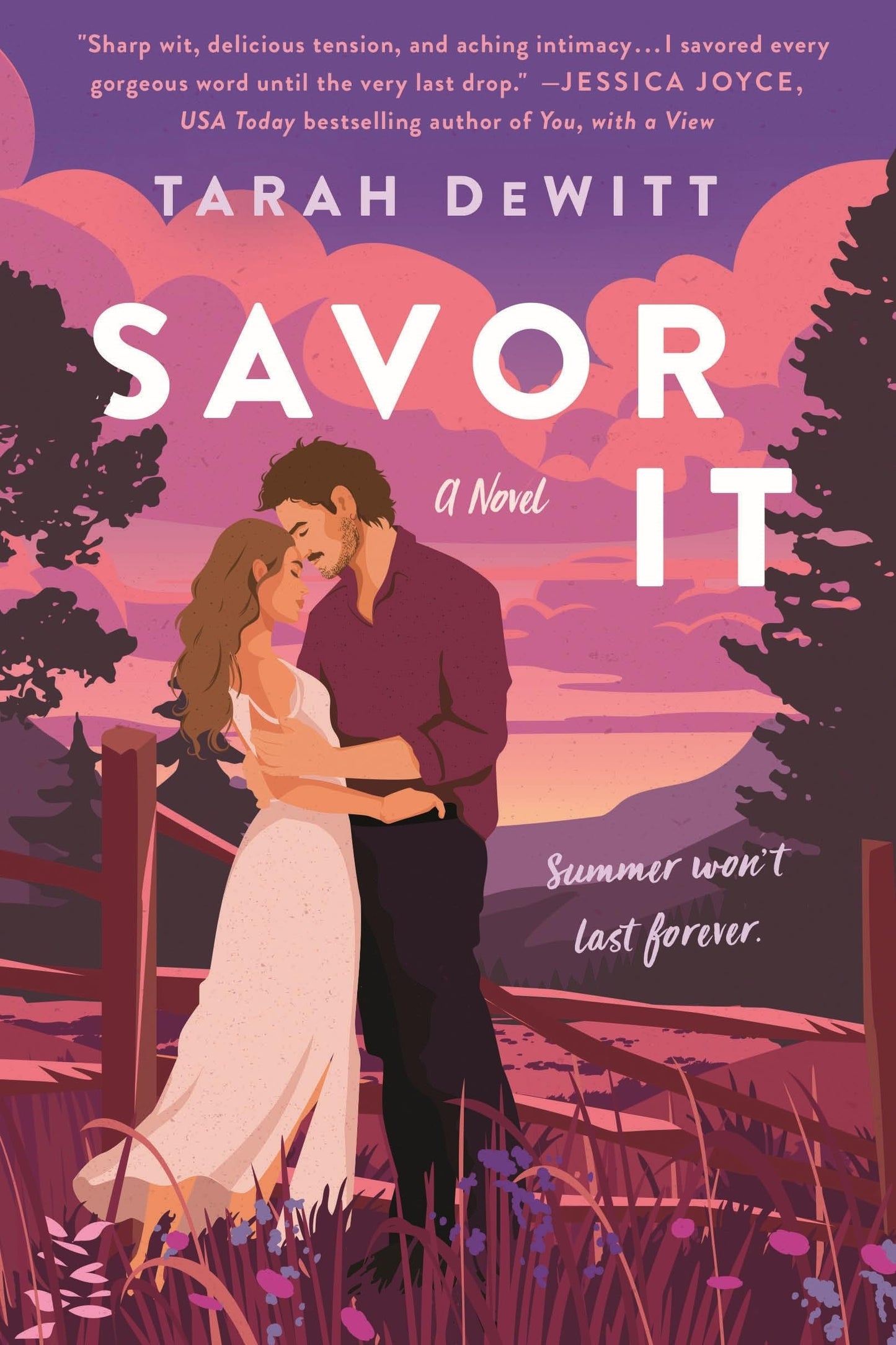 Book cover of 'Savor It' by Tarah DeWitt with a couple embracing at sunset.