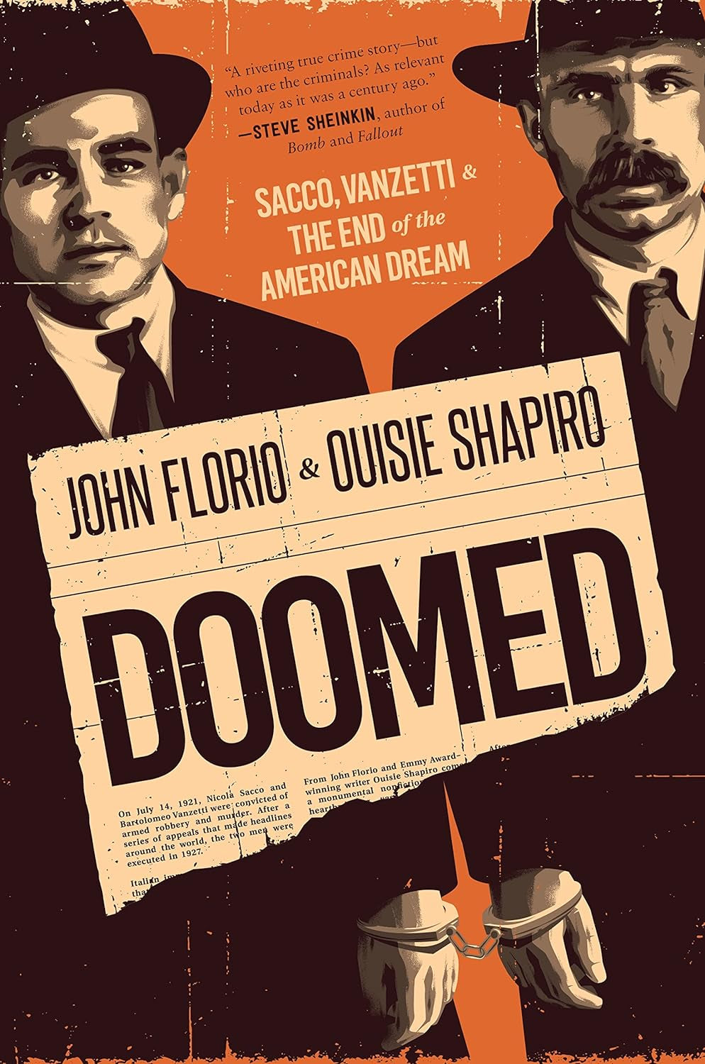 A book cover of 'Doomed' by John Florio & Ouisie Shapiro featuring portraits of Sacco and Vanzetti with a orange and black color scheme.