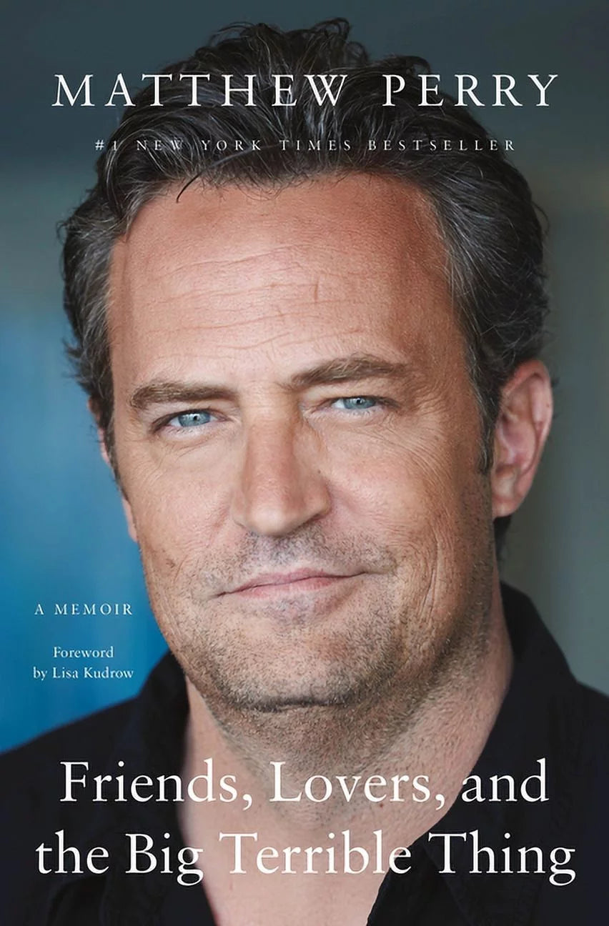 Book cover of 'Friends, Lovers, and the Big Terrible Thing: A Memoir (ISBN: 9781250866455)' by Matthew Perry featuring a black and white photo of the author with a blue text background.