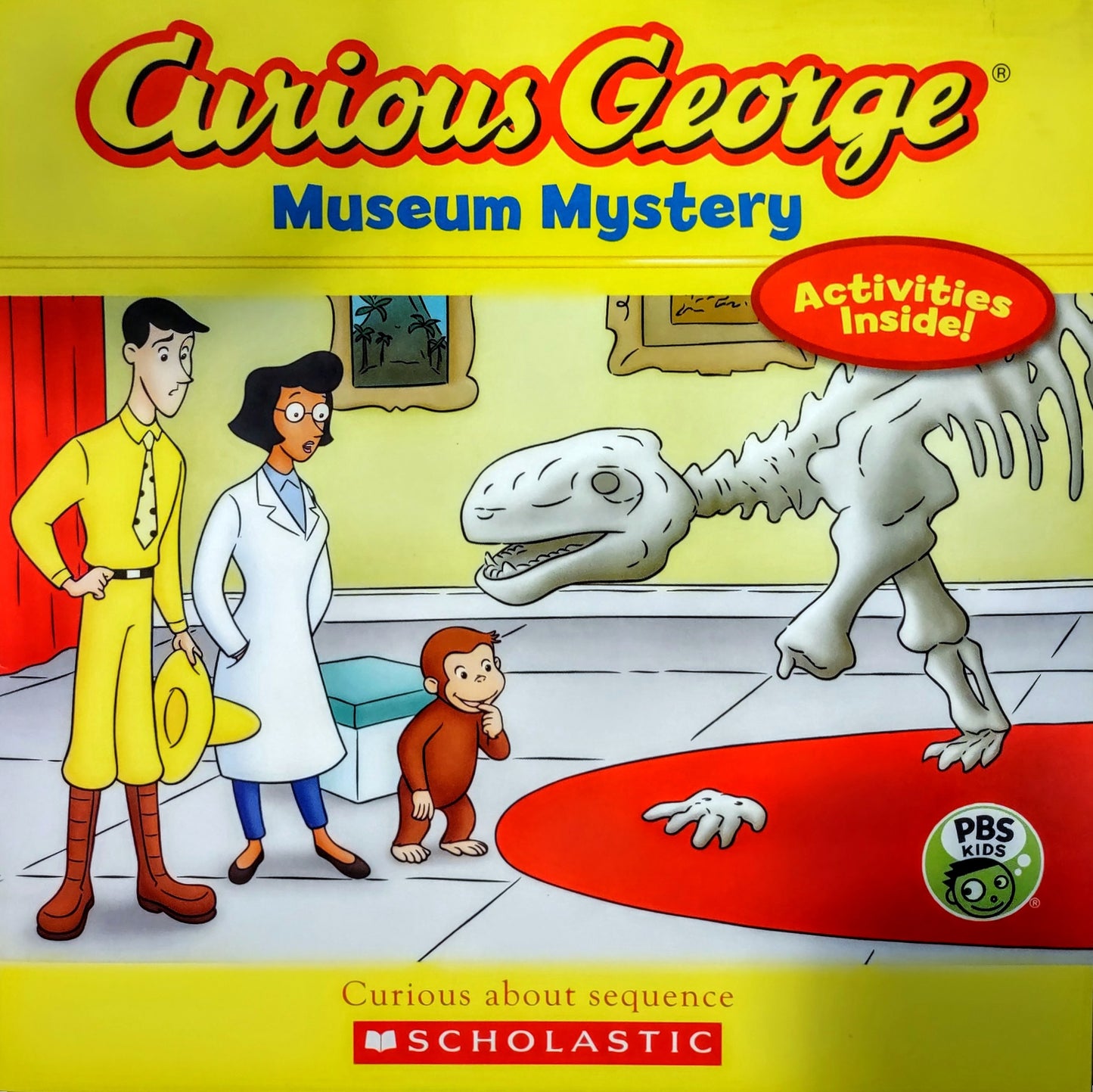 Book cover of 'Curious George Museum Mystery' with Curious George, a dino skeleton, and a scientist.