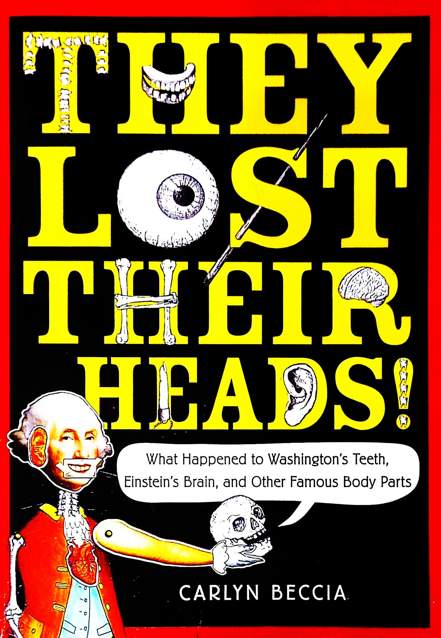 Book cover of 'They Lost Their Heads!' with text and illustrations on a red background