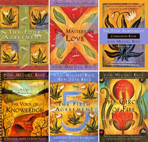 A collection of six book covers by don Miguel Ruiz, including titles such as 'The Four Agreements', 'The Mastery of Love', 'The Voice of Knowledge', 'The Fifth Agreement', 'The Circle of Fire', and 'The Four Agreements Companion Book'.