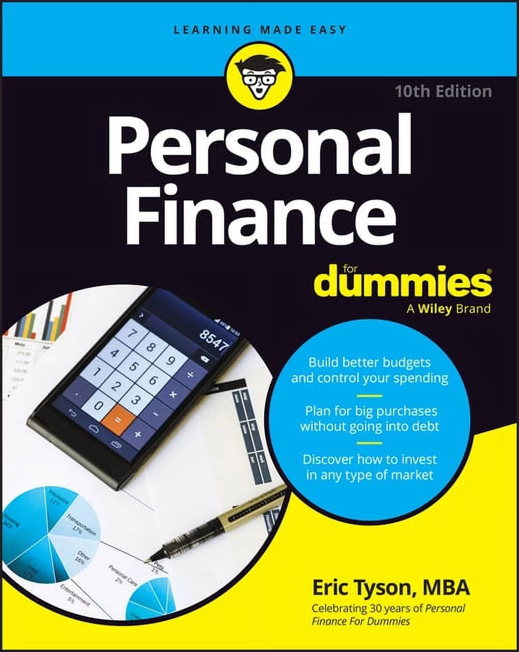 Cover of the book 'Personal Finance For Dummies: Tenth Edition' by Eric Tyson, MBA, showing a calculator, pen, and papers with a financial chart in the background.
