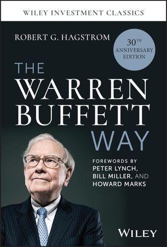 Book cover of 'The Warren Buffett Way' with a portrait of Warren Buffett on a dark background.