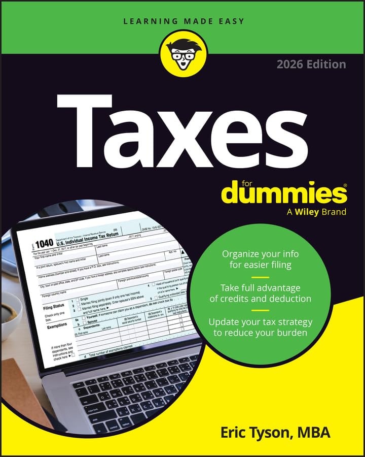 Book cover of ' Taxes for Dummies' with a laptop displaying a tax form on a yellow and green background.