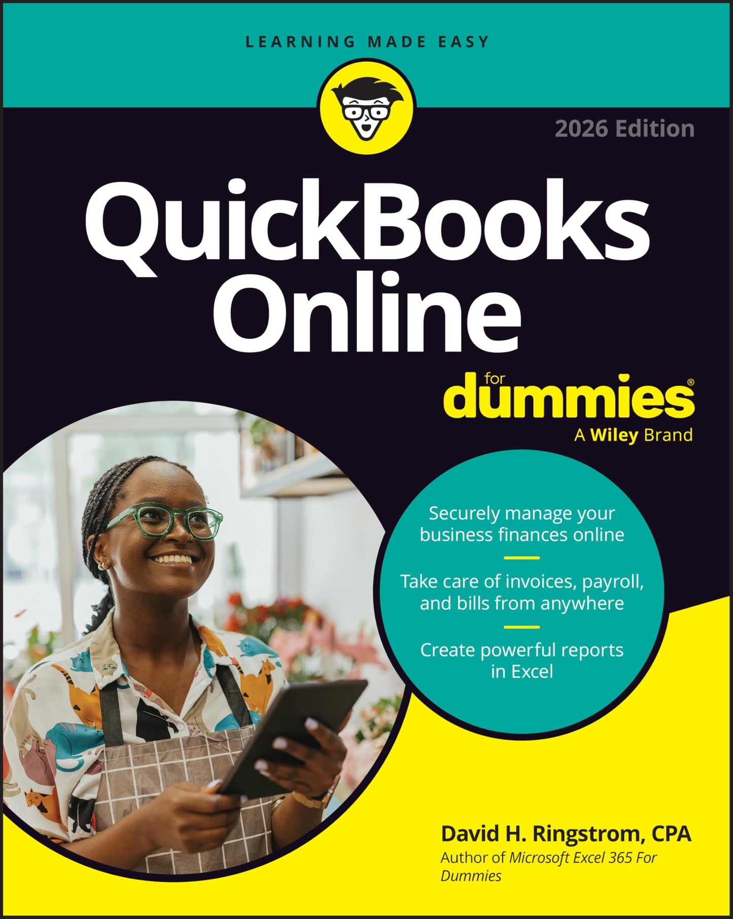 Book cover of '2026 QuickBooks Online For Dummies' with a woman using a tablet.