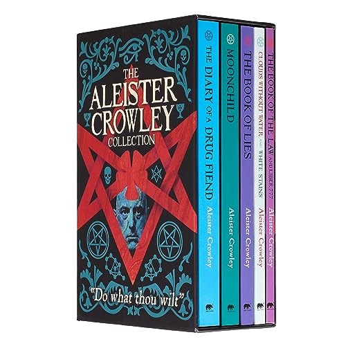 A boxed set of five paperback books titled 'The Aleister Crowley Collection', featuring cover art with a pentagram, a portrait of Crowley, and book titles displayed.