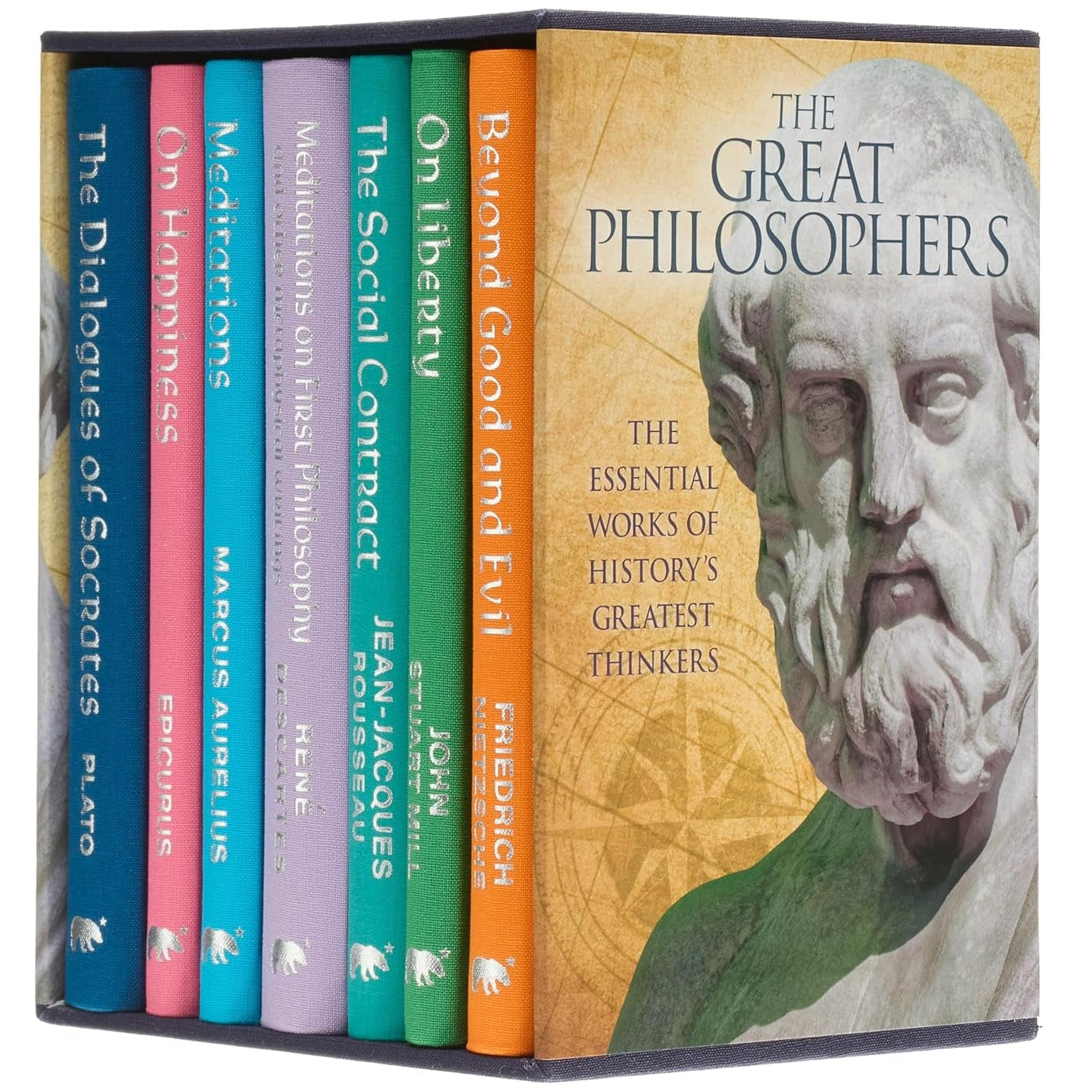 A deluxe 7-book box set titled 'The Great Philosophers' with clothbound volumes and gold cover embossing, displayed in a bookcase.