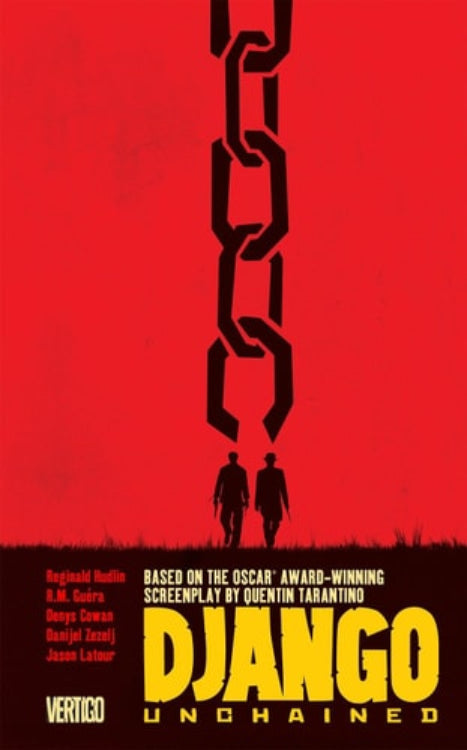 Book cover of screenplay using similar art of the movie poster for 'Django Unchained' featuring a red background with a silhouette of a man and woman standing back-to-back. The title is displayed prominently at the top in bold, white letters.