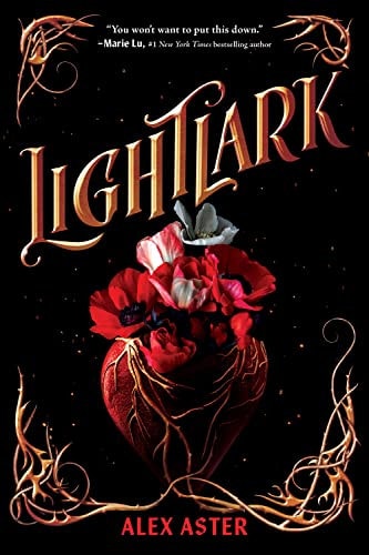 Book cover of 'LightLark' by Alex Aster with floral design and decorative elements on a dark background.