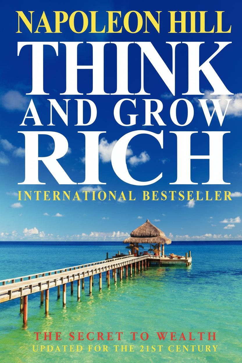 Book cover of 'Think and Grow Rich' by Napoleon Hill with a beach scene in the background
