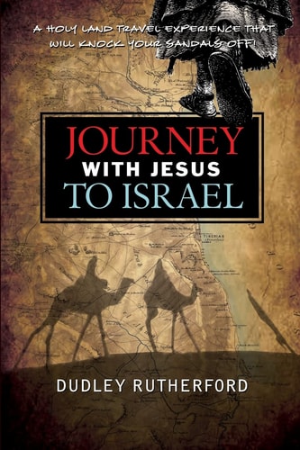 Book cover for 'Journey with Jesus to Israel' featuring a silhouette of people travelling by camel, overlaying a map and old-world artistic elements.