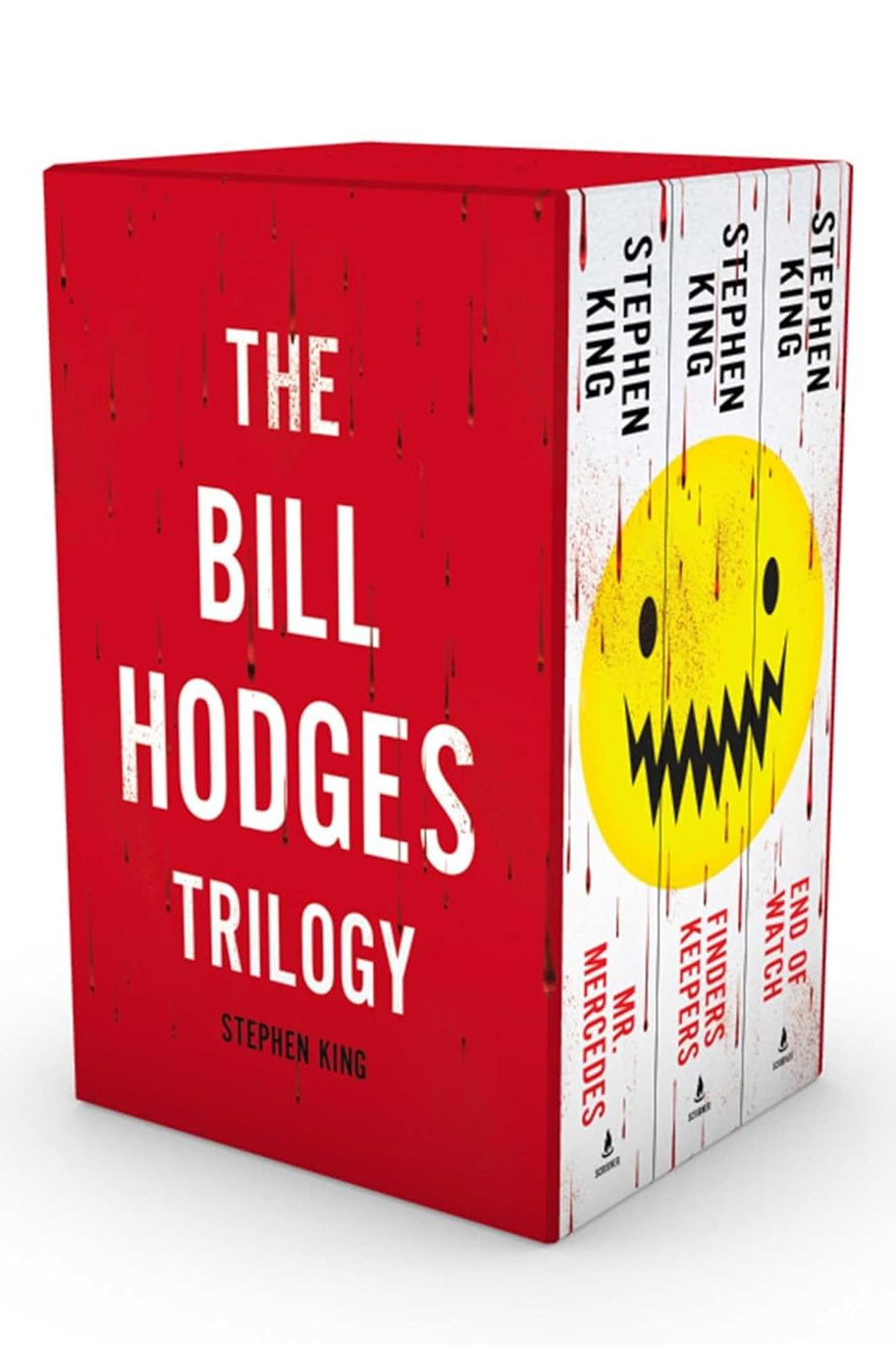 Box set of 'The Bill Hodges Trilogy' by Stephen King with a red cover and yellow smiley face on a white background.