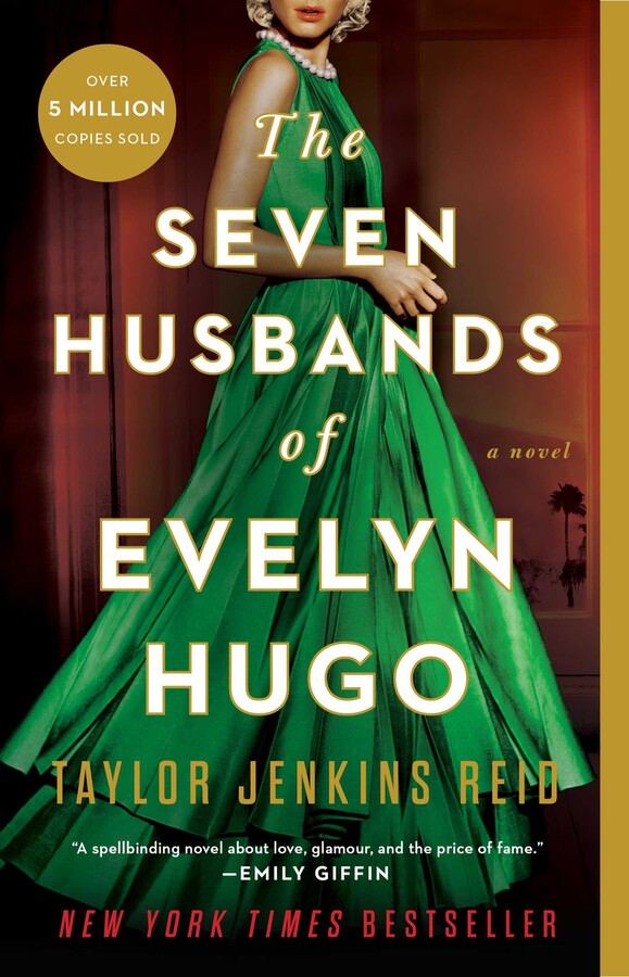 The cover of the book 'The Seven Husbands of Evelyn Hugo' featuring an image of a woman in a green dress from behind, with the title and author's name displayed.