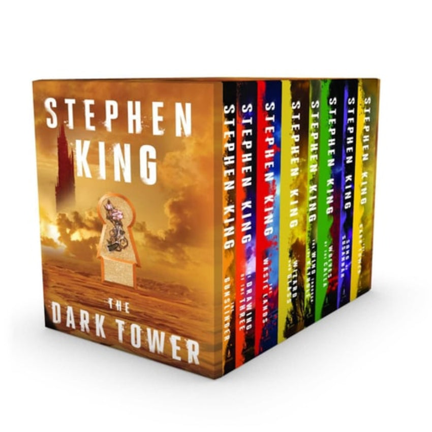A boxed set of 'The Dark Tower' book series by Stephen King, featuring the first eight books with a uniform, vivid and exact packaging and cover design.