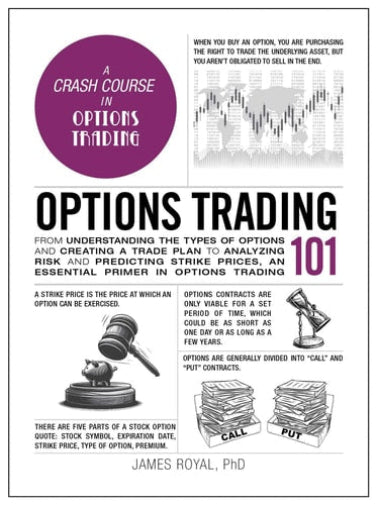 Book cover of 'Options Trading 101' by James Royal, PhD, with text and graphics on a white background.