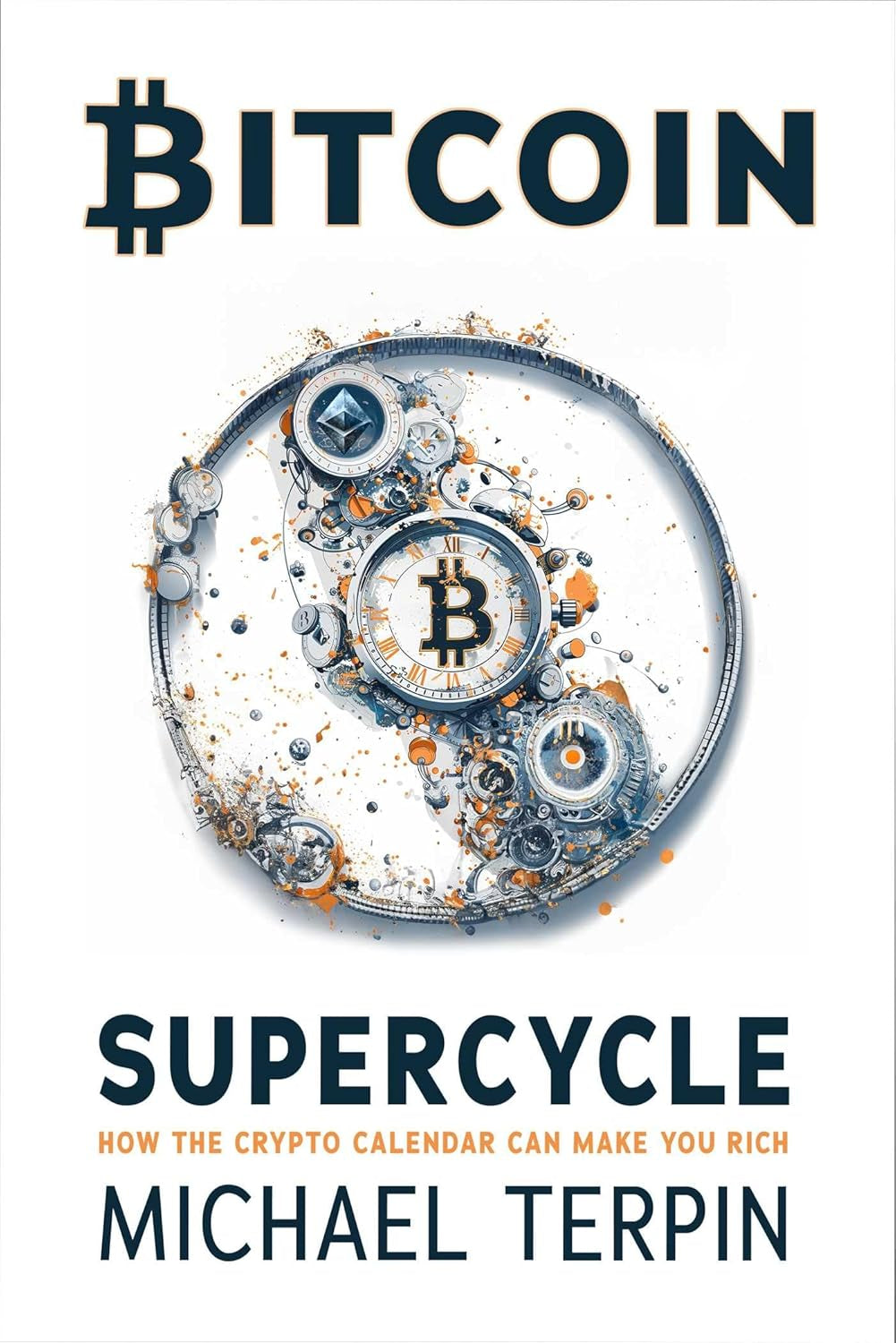 This image features the cover of the book titled "Bitcoin Supercycle: How the Crypto Calendar Can Make You Rich" by Michael Terpin. The cover design is striking, with a vivid depiction of a stylized bitcoin symbol amidst a dynamic background that combines elements of water and circuitry, reflecting the intersection of finance and technology.
