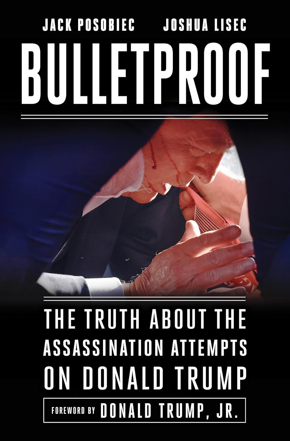 Book cover of 'Bulletproof' by Jack Posobiec & Joshua Lisec featuring a dark image of a person with a gun and the title text superimposed on top.