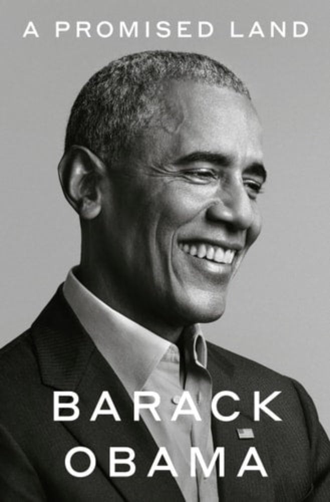 Cover of the book 'A Promised Land' by Barack Obama, featuring a black and white photograph of the author smiling.
