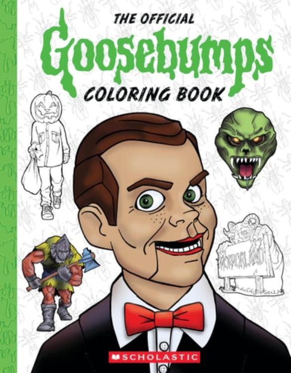 Cover of 'Goosebumps: The Official Coloring Book' featuring an illustration of a character from the Goosebumps series with a bow tie, alongside iconic taglines and creature illustrations.