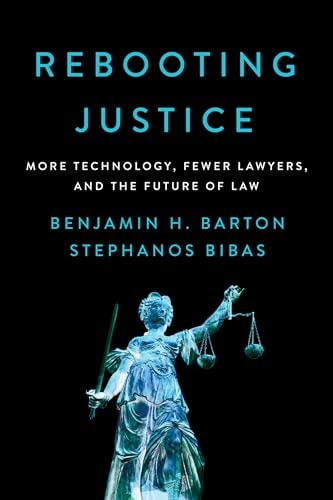 Book cover of 'Rebooting Justice' with a black background and blue text and statue.
