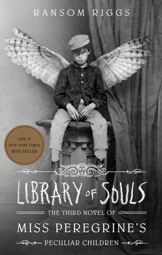 Cover of 'Library of Souls' featuring a black and white image of a young boy with wings sitting on a chair, with the title and author's name 'Ransom Riggs' displayed.
