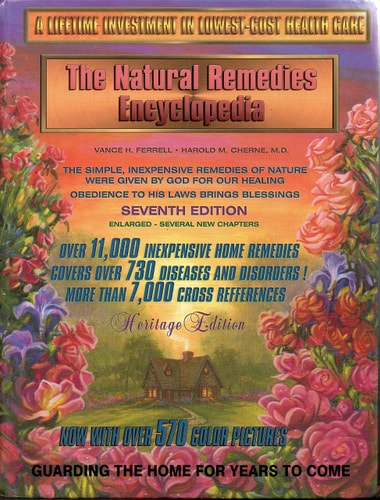 Cover of 'The Natural Remedies Encyclopedia, 7th Edition' with floral design and text detailing the content and authorship.