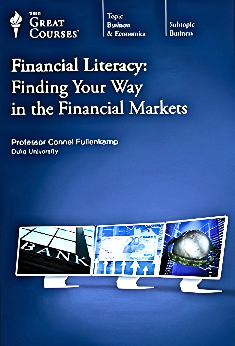 DVD cover of 'Financial Literacy: Finding Your Way in the Financial Markets' by The Great Courses with a blue background and computer monitors.