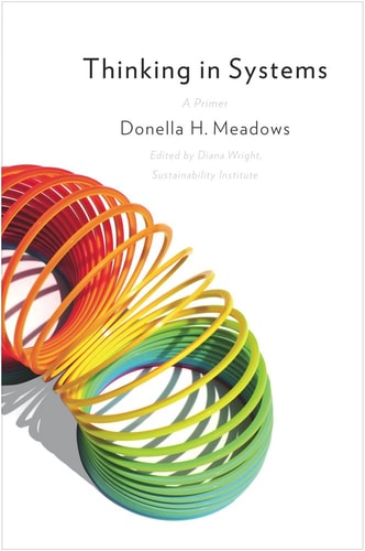 Book cover of 'Thinking in Systems' by Donella H. Meadows with colorful springs on a white background