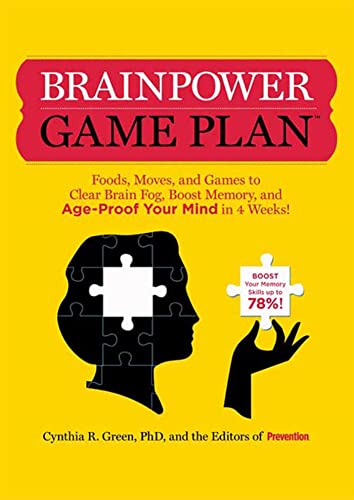 Book cover of 'Brainpower Game Plan' by Cynthia R. Green, featuring a silhouette of a head with puzzle pieces and a magnifying glass, indicating a focus on brain health and mental skills.